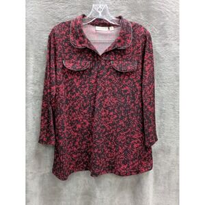 Susan Graver‎ Top Women Medium Abstract Speckled Faux Leather Trim Liquid Knit
